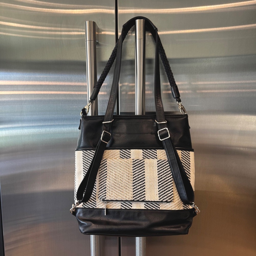 BEIS Convertible Tote Bag Black Cream Striped Faux Leather Woven Travel Handbag - Picture 3 of 16